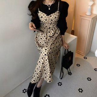 Spaghetti Strap Floral Print Midi A-line Dress / Plain Blouse