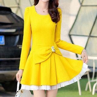 Long-sleeve Layered Jeweled Bowed Dress