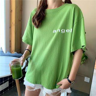 Elbow-sleeve Letter Wing Accent T-shirt