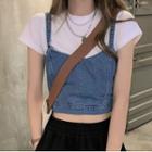 Short-sleeve Cropped T-shirt / Denim Camisole Top