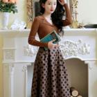 Set: Collared Button-up Knit Top + Dotted Midi A-line Skirt