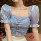 Puff-sleeve Bow-accent Crop Top Blue - One Size