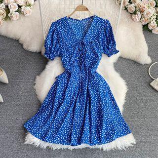 Short Sleeve Lace-up Floral A-line Dress