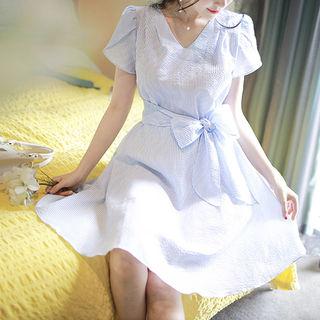 Short-sleeve Midi A-line Seersucker Dress With Sash