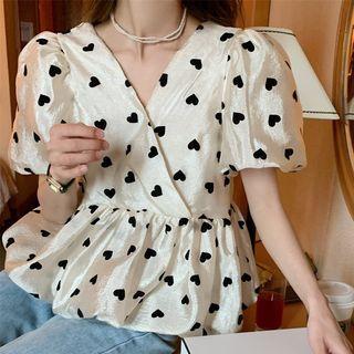 Short-sleeve Heart Pattern Blouse Almond - One Size