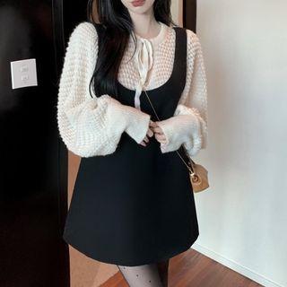 Tie-neck Cutout Sweater / Mini A-line Overall Dress