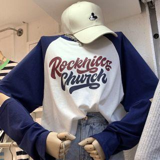 Long Sleeve Letter Printed Color Block T-shirt