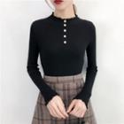 Lettuce Edge Button Accent Long-sleeve Knit Top