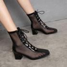 Fishnet Panel Lace-up Chunky-heel Short Boots