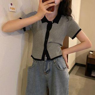 Contrast-trim Short-sleeve Polo Knit Top