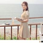 Mesh Panel Short Sleeve Square Neck A-line Dress