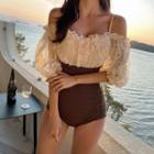 Balloon-sleeve Cold-shoulder Lace Panel Swimsuit