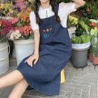 Puff-sleeve Embroidered Blouse / Denim Midi A-line Overall Dress