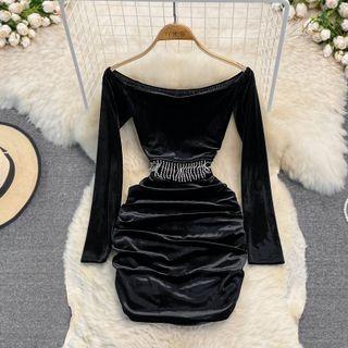 Off-shoulder Keyhole Rhinestone Detail Dress