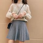 Turtleneck Long-sleeve Top / Square-neck Knit Vest / High Waist Pleated Skirt / Set