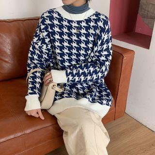 Houndstooth Slit-back Sweater Blue - One Size