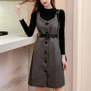 Long-sleeve Knit Top / Midi A-line Overall Dress / Set