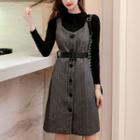 Long-sleeve Knit Top / Midi A-line Overall Dress / Set