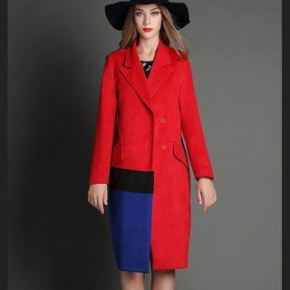 Notched-lapel Color-block Snap-button Coat