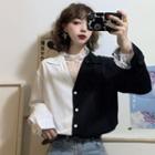 Color Block Long-sleeve Chiffon Shirt / Frill Trim Lace Top