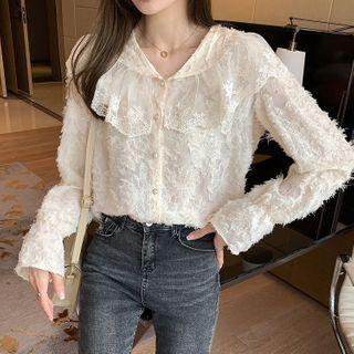 Bell-sleeve V-neck Lace Panel Frayed Blouse