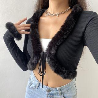 Fluffy Trim Tie-strap Knit Crop Top