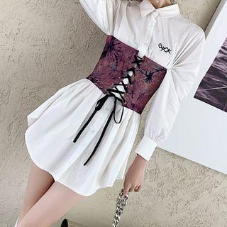 Long-sleeve Lettering Mini A-line Shirtdress / Tie-dye Lace-up Corset Belt