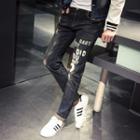 Lettering Distressed Washed Jeans