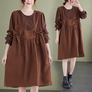 Long-sleeve Mock Two-piece Ribbon A-line Dress