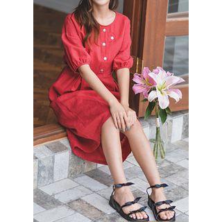 Puffed Elbow-sleeve Midi Linen Dress