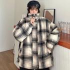 Stand Collar Plaid Fleece-lined Jacket