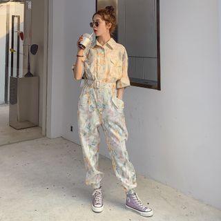 Short Sleeve Print Belt Straight Leg Jumpsuit