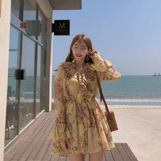 Frilled Chiffon Playsuit In Floral Pattern Yellow - One Size