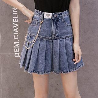 Pleated Denim Mini A-line Skirt / Short-sleeve T-shirt / Set