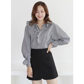 Frilled Open-placket Plaid Blouse