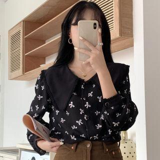Long-sleeve Peter Pan-collar Ribbon Print Shirt