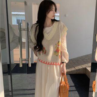 Long-sleeve Plain Midi Dress / Flower Print Knit Vest