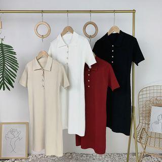 Polo-neck Short-sleeve Mini Knit Dress
