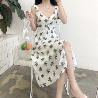 V-neck Leaf Print Spaghetti Strap Dress
