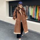Double Breasted Faux Leather Trench Coat Coffee - One Size