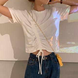 Plain Short-sleeve Drawstring Cropped T-shirt