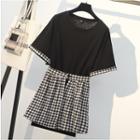 Set: Short-sleeve T-shirt Dress + Gingham Mini Skirt