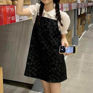 Short-sleeve Ruffle Trim Blouse / Spaghetti-strap Floral Embroidered Mini Dress