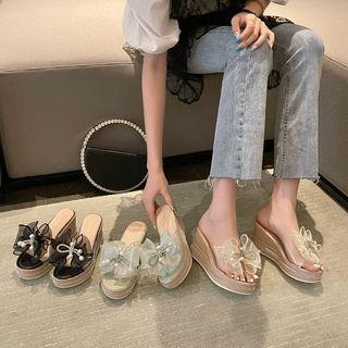 Mesh Bow Platform Wedge Heel Slide Sandals