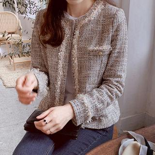 Round-neck Tweed Jacket Beige - One Size