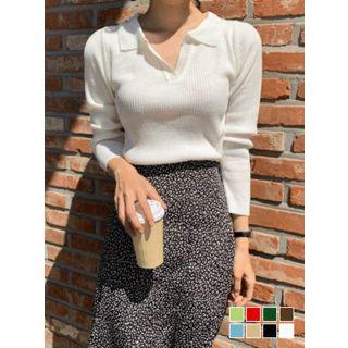 Open-placket Slim Rib-knit Polo Shirt