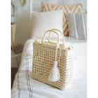 Tasseled Woven Rattan Square Hand Bag Beige - One Size