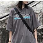 Elbow-sleeve Letter T-shirt Dark Gray - One Size