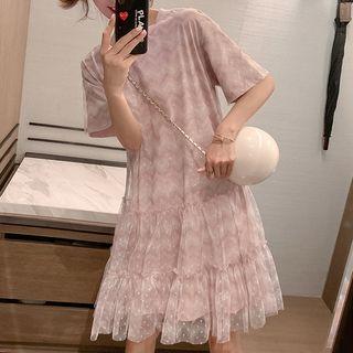 Elbow-sleeve Polka Dot Mesh Paneled A-line Dress