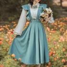 Set: Long-sleeve Embroidered Blouse + Ruffle Trim Midi Suspender Skirt